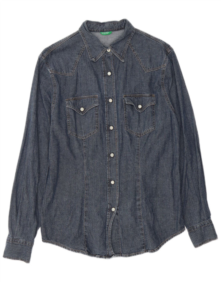 BENETTON Dame Denim Shirt UK 14 Medium Navy Blue Bomuld