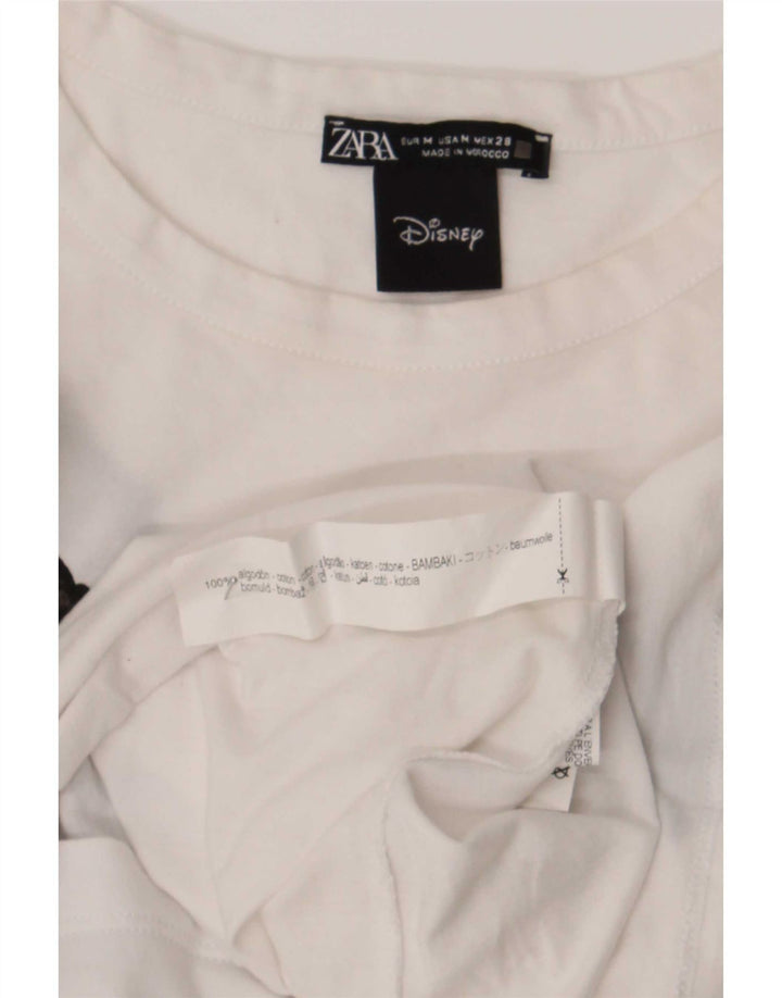 Zara Dame Mickey Mouse Grafisk T-Shirt Top UK 14 Medium Hvid Bomuld