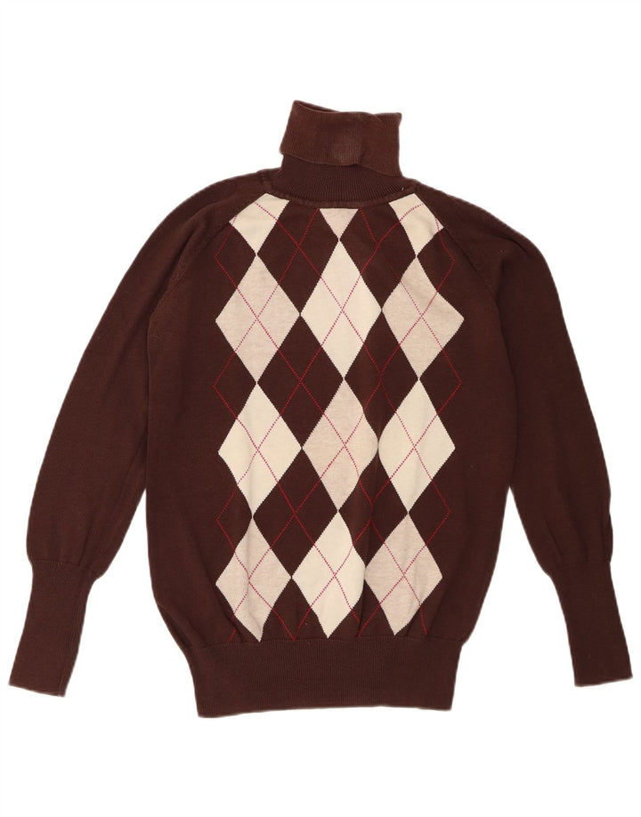 Zara Dame Roll Neck Jumper Sweater UK 14 Large Brown Argyle/Diamond