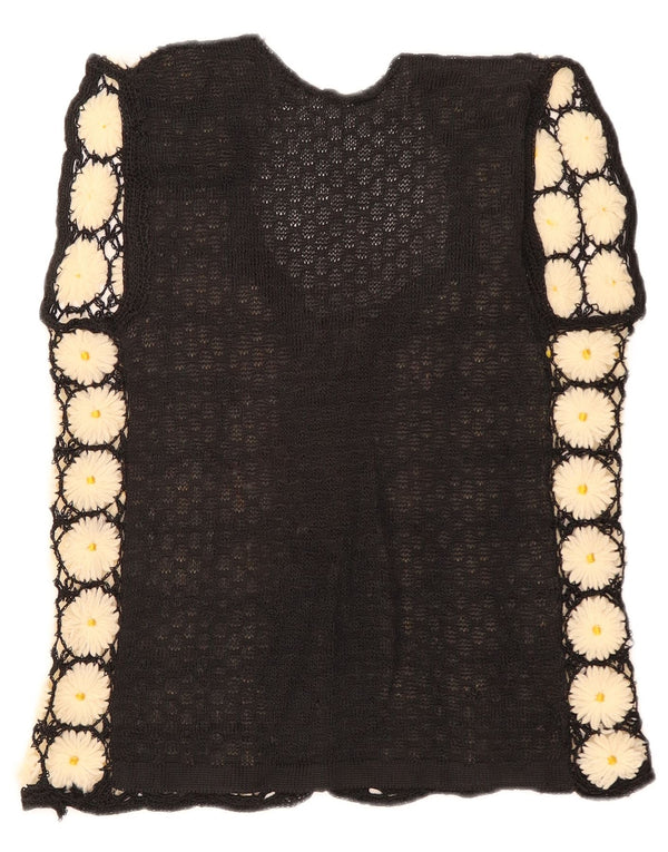 Vintage dame ærmeløs cardigan sweater UK 12 Medium Black Floral