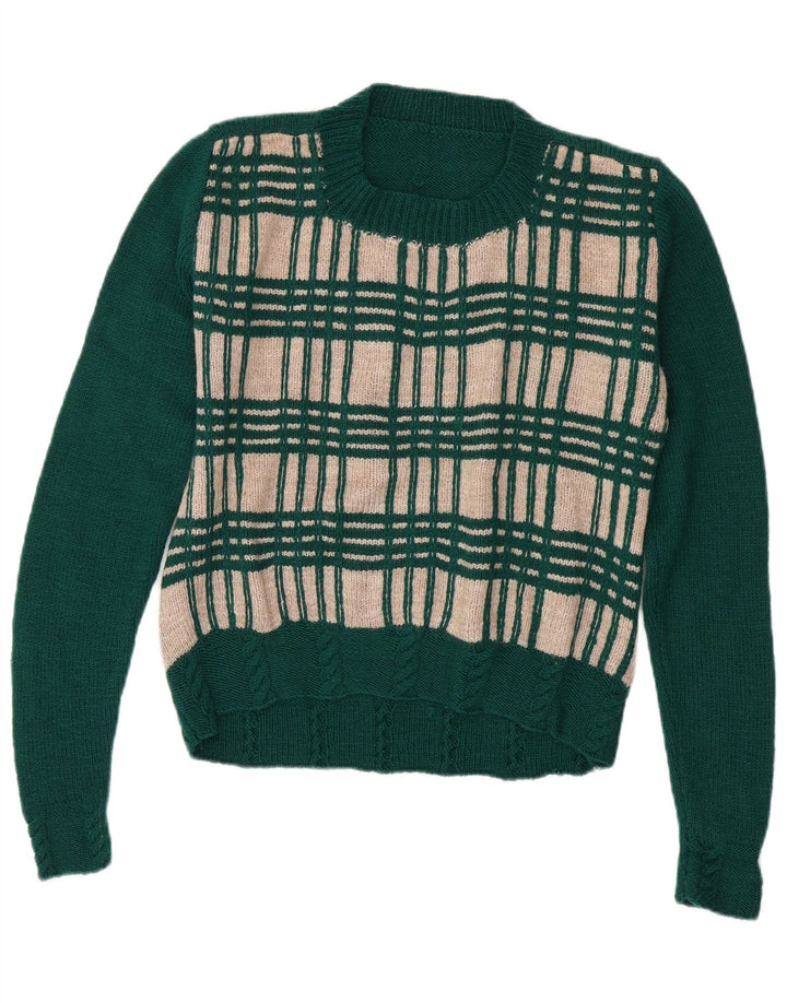 VINTAGE Dame sweater med rund hals DK 14 Medium Green Check