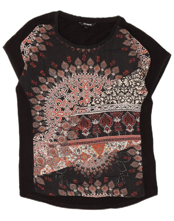 Desigual Dame Grafisk T-Shirt Top UK 10 Small Black Floral Viscose
