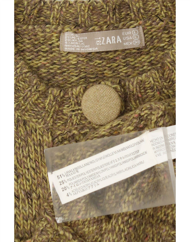 ZARA cardigan sweater til kvinder UK 14 Large Khaki Flecked Wool