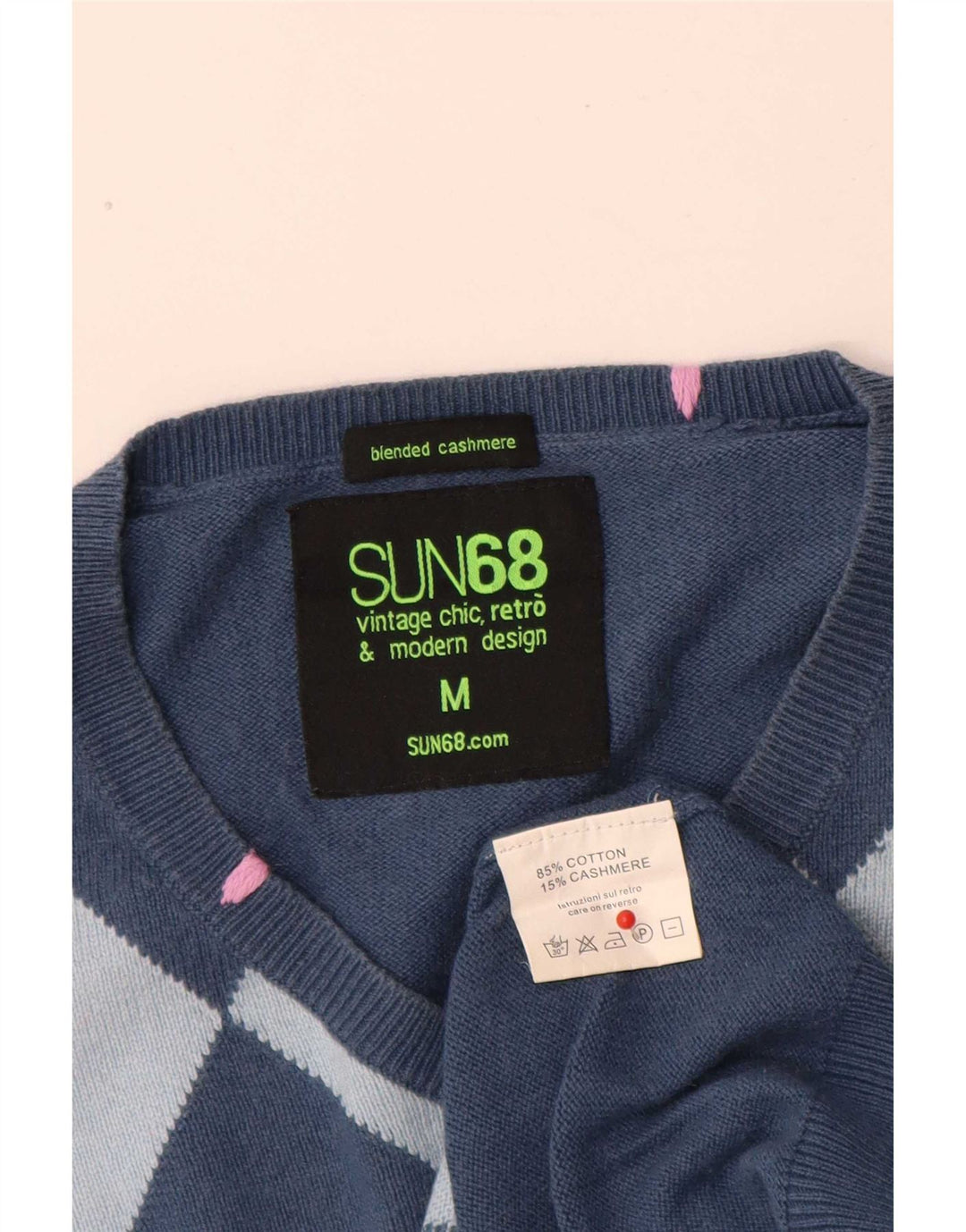 Sun68 Herre V-hals sweater Medium Blue Argyle/Diamond Bomuld