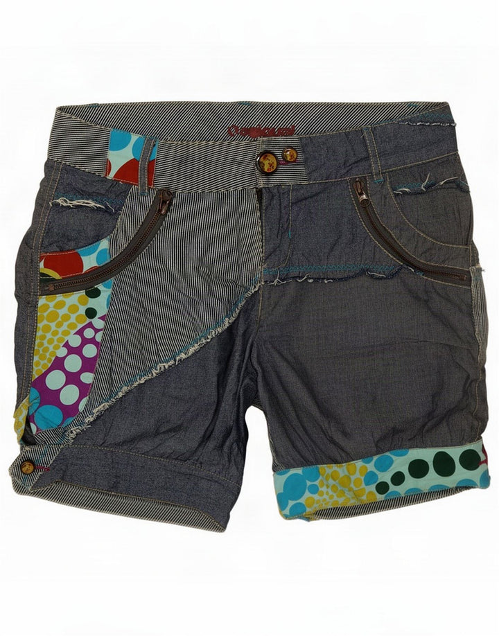 Desigual Womens Regular Shorts EU 36 Small W28 Navy Blue Patchwork Bomuld