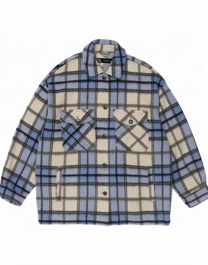Zara Dame Oversized Shacket Jacket UK 10 Small Blue Plaid