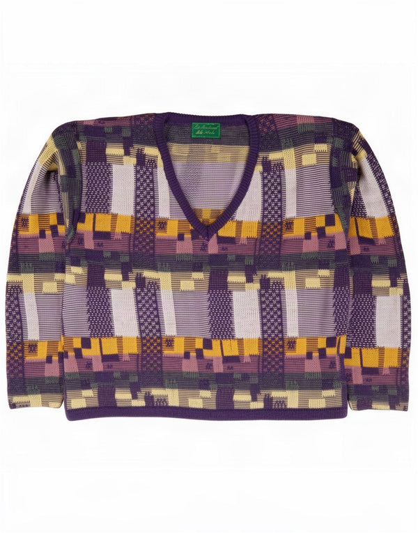 Vintage Dame V-hals sweater UK 14 Medium Lilla Geometrisk Bomuld
