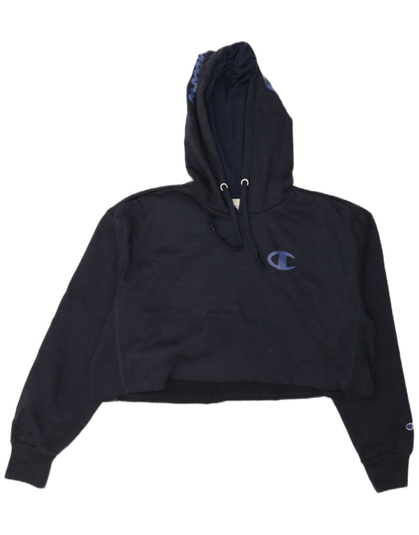 Champion Womens Crop Graphic Hoodie Jumper UK 16 Large Navy Blue Cotton