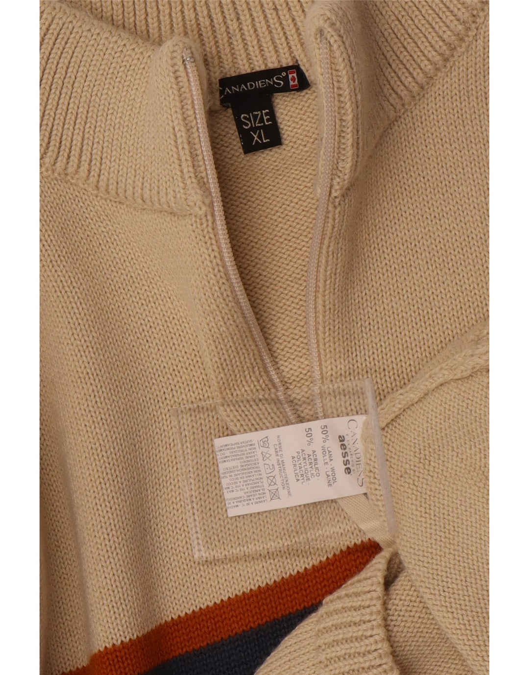 CANADIENS Herre Zip Neck Jumper Sweater XL Beige Colourblock Uld