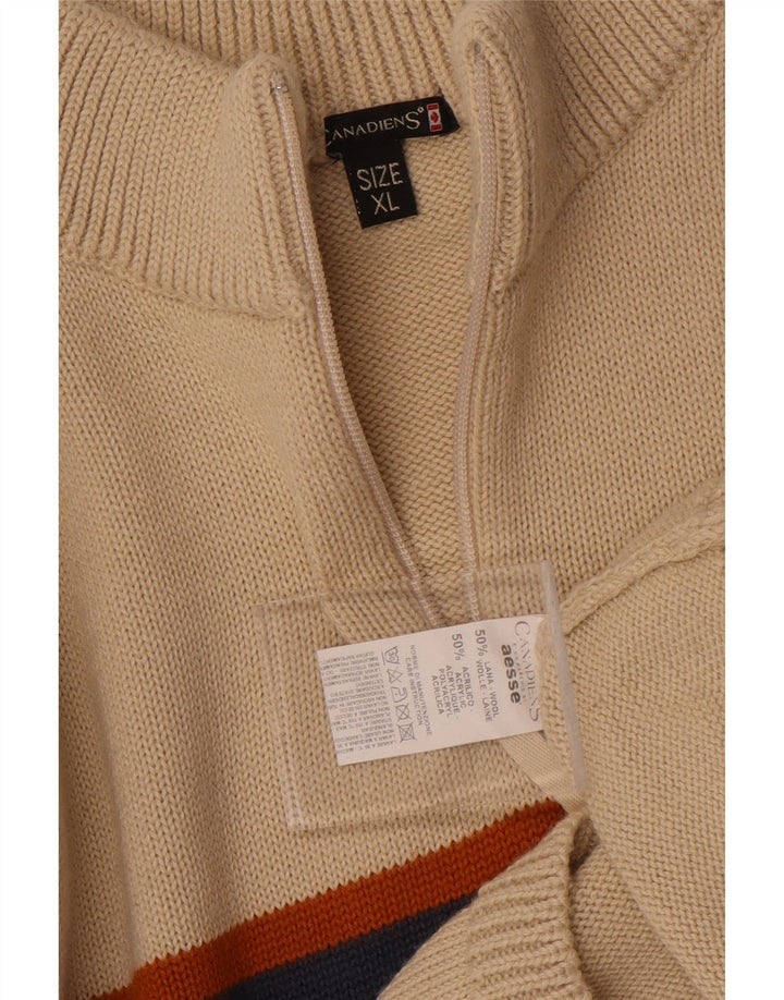 CANADIENS Herre Zip Neck Jumper Sweater XL Beige Colourblock Uld