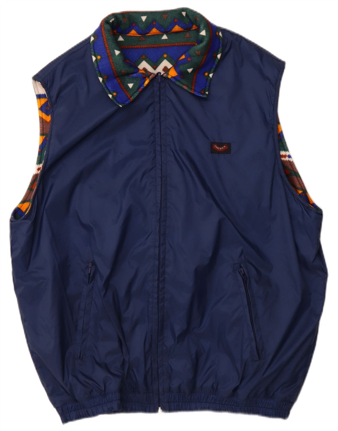AMERICA Herre vendbar Gilet UK 40 Stor marineblå geometrisk polyamid