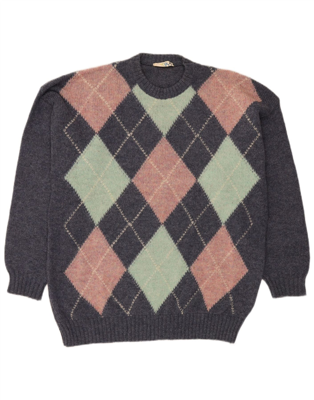 VINTAGE Herre Crew Neck trøje Sweater Large Blue Argyle/Diamond