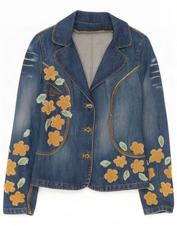 Vintage Womens Denim Jacket EU 38 Medium Blue Floral Cotton