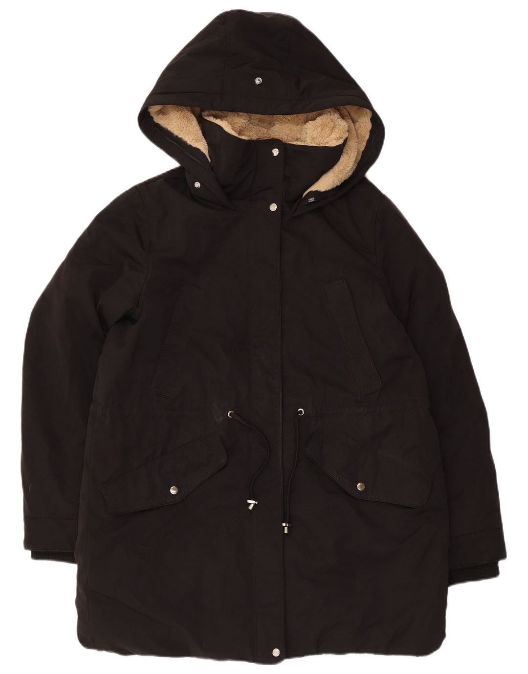 Zara Dame Hooded Parka Jacket UK 14 Medium Black Polyester