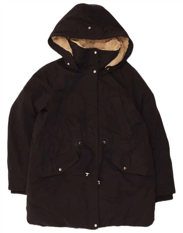 Zara Dame Hooded Parka Jacket UK 14 Medium Black Polyester