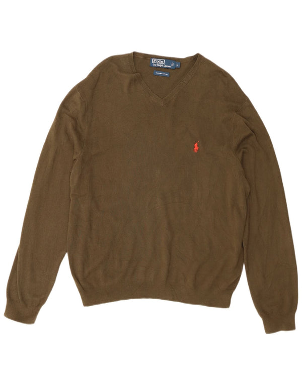 Polo Ralph Lauren Mens V-Neck Jumper Sweater Large Khaki Cotton