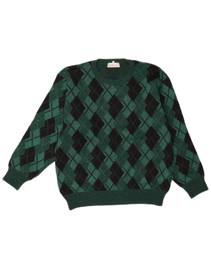 Vintage Herre Crew Neck Jumper Sweater IT 48 Medium Green Argyle/Diamond