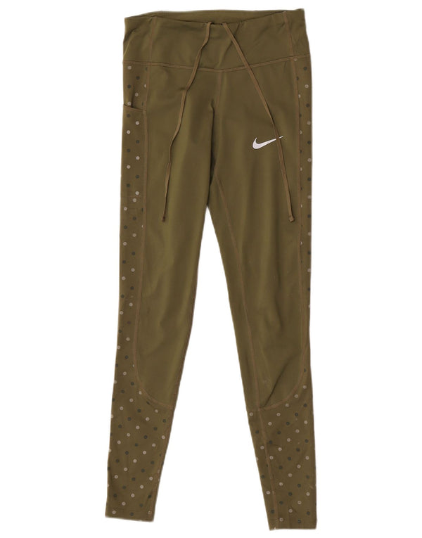 Nike Dame Dri Fit Leggings UK 4 XS Khaki Polka Dot Polyester