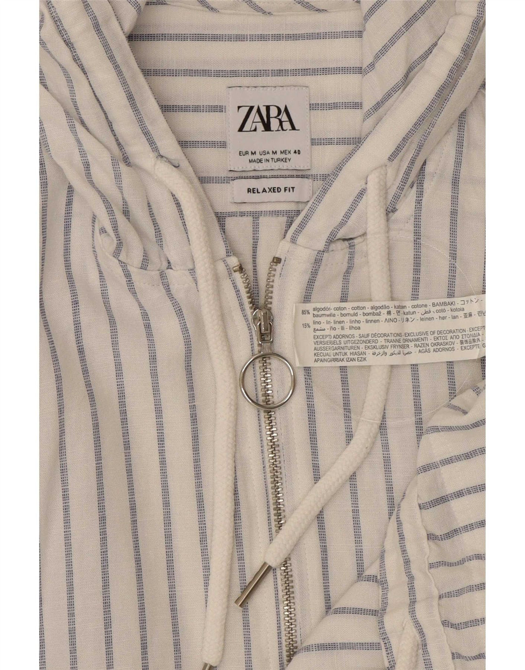 Zara Herre Hooded Relaxed Fit Pullover Shirt Medium Blue Pinstripe Bomuld