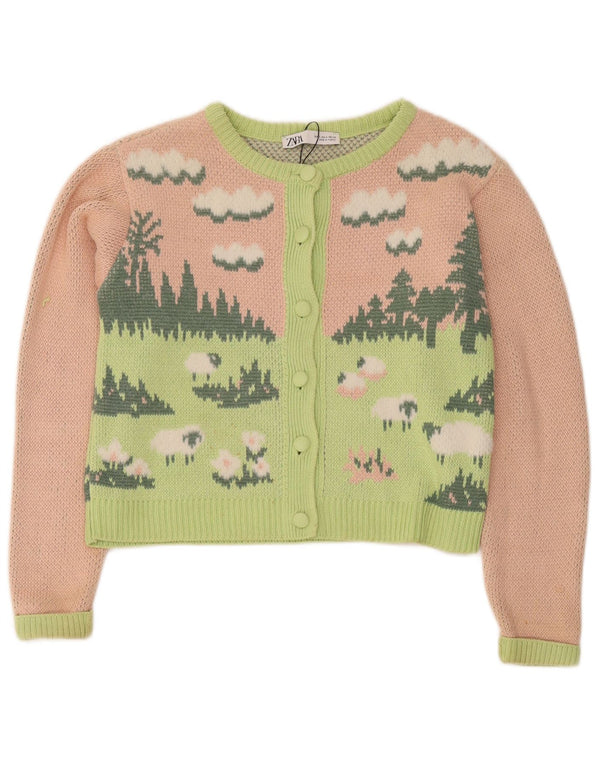 Zara Womens Crop Relaxed Fit Cardigan Sweater UK 10 Small Pink Novelty