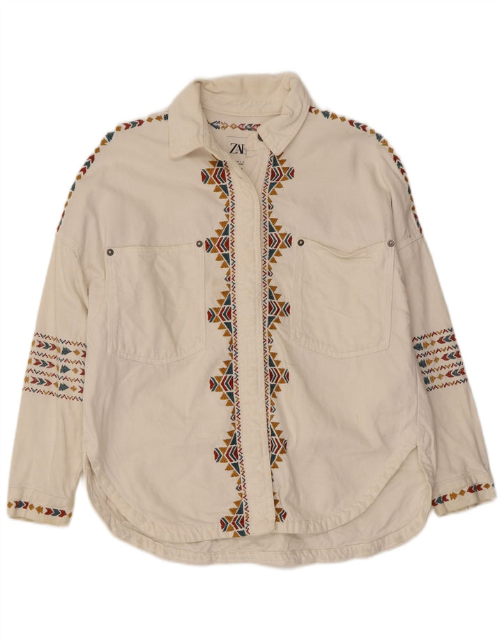 Zara Dame Oversized Skjorte UK 10 Lille hvid geometrisk bomuld