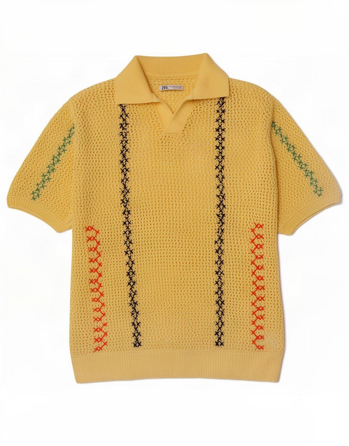 Zara Herre See Through Polo Neck Jumper Sweater Lille Gul Stribet