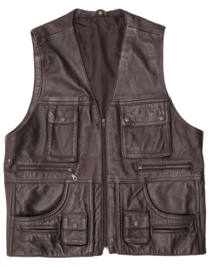 Vintage Herre Læder Utility Gilet EU 52 XL Sort