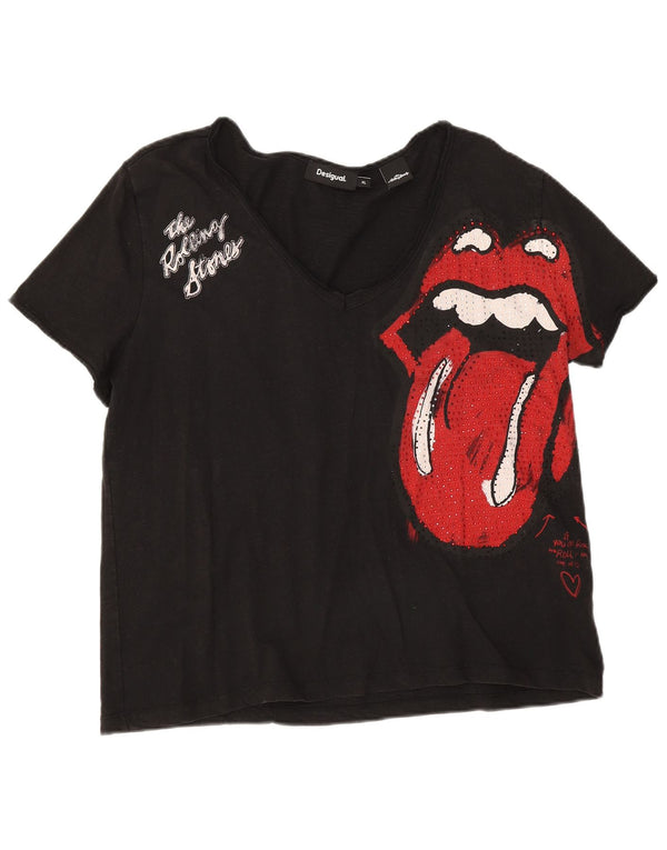 Desigual Dame Rolling Stones Grafisk T-Shirt Top UK 18 XL Sort Bomuld