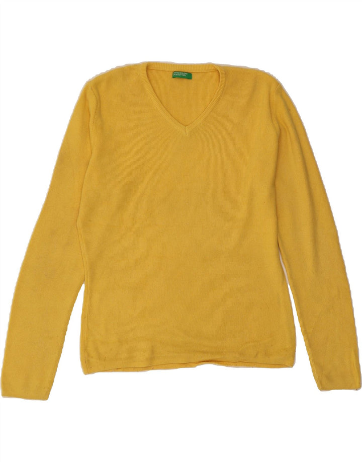 BENETTON Womens V-Neck Jumper Sweater UK 14 Medium Yellow Viscose Vintage Benetton and Second-Hand Benetton from Messina Hembry 