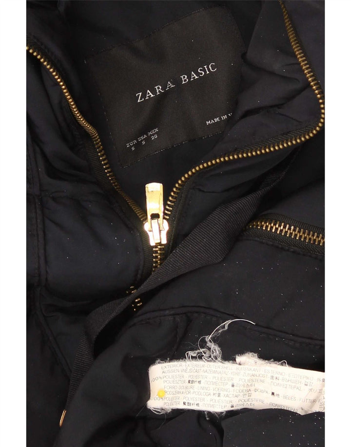 Zara Dame Hætte Polstret Frakke UK 10 Small Navy Blue Polyester