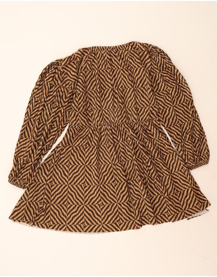Zara Dame Langærmet A-Line Kjole UK 14 Medium Brun Stribet Polyester