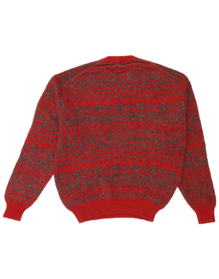 Vintage herre sweater med rund hals, medium rød Fair Isle Retro
