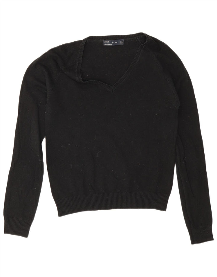 Zara Womens V-Neck Jumper Sweater UK 12 Medium Black Cotton