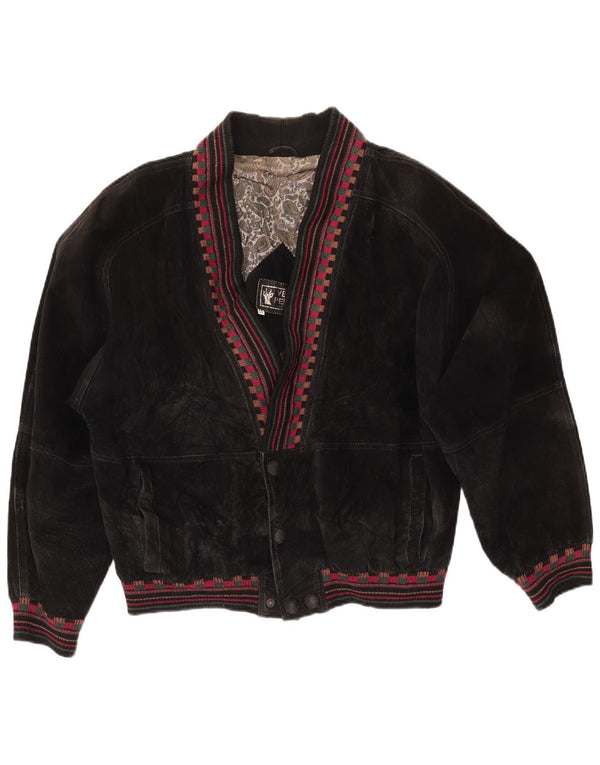 VINTAGE Dameoversized ruskindsjakke UK 18 XL sort geometrisk læder