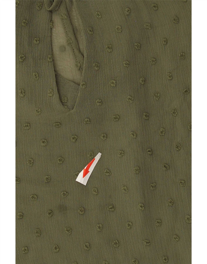Zara Dame Gennemsigtig 3/4-ærmet bluse Top UK 14 Medium Khaki Plettet