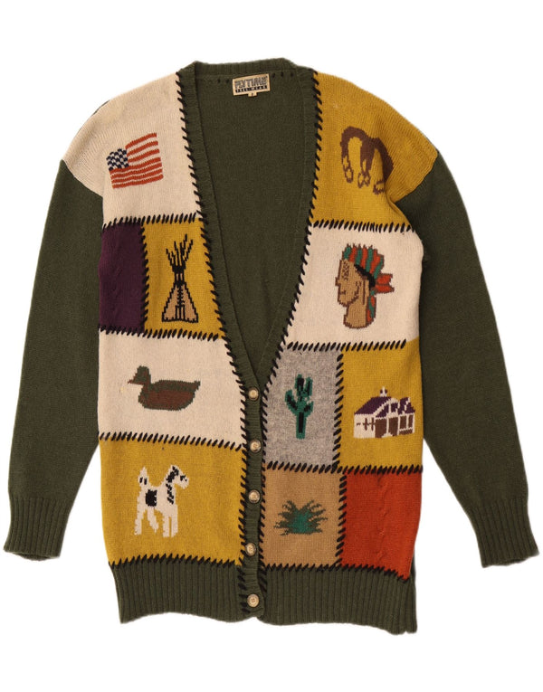 Vintage Kvinde grafisk cardigan Sweater UK 16 Stor Grøn Patchwork Uld
