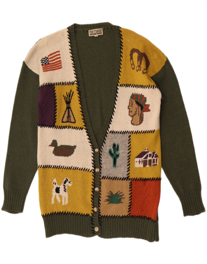 Vintage Kvinde grafisk cardigan Sweater UK 16 Stor Grøn Patchwork Uld