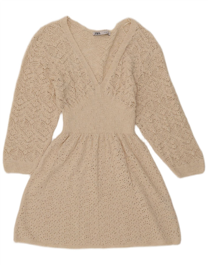 Zara Dame 3/4-ærmet Jumper Dress UK 12 Medium White Polyester