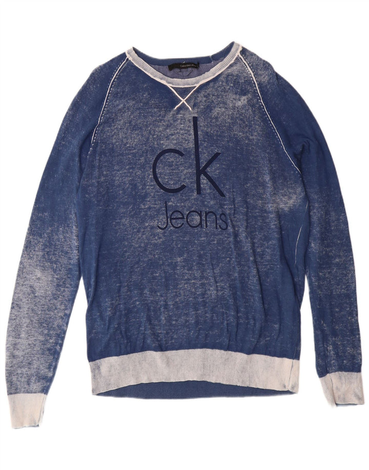 CALVIN KLEIN JEANS Herre Boat Neck Jumper Sweater Large Blue Tie Dye