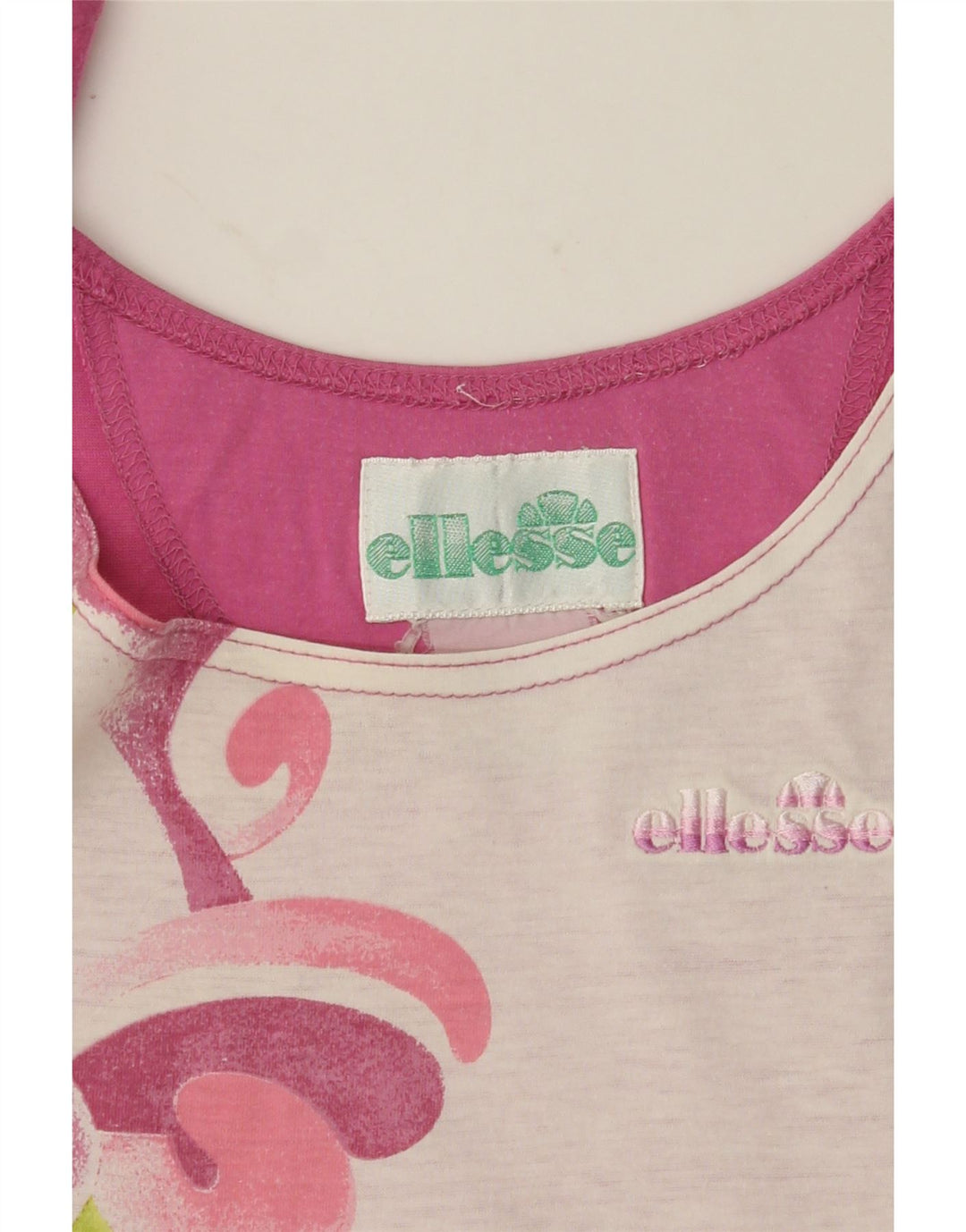 ELLESSE Womens Crop Graphic Vest Top UK 14 Medium Pink Colourblock Vintage Ellesse and Second-Hand Ellesse from Messina Hembry 