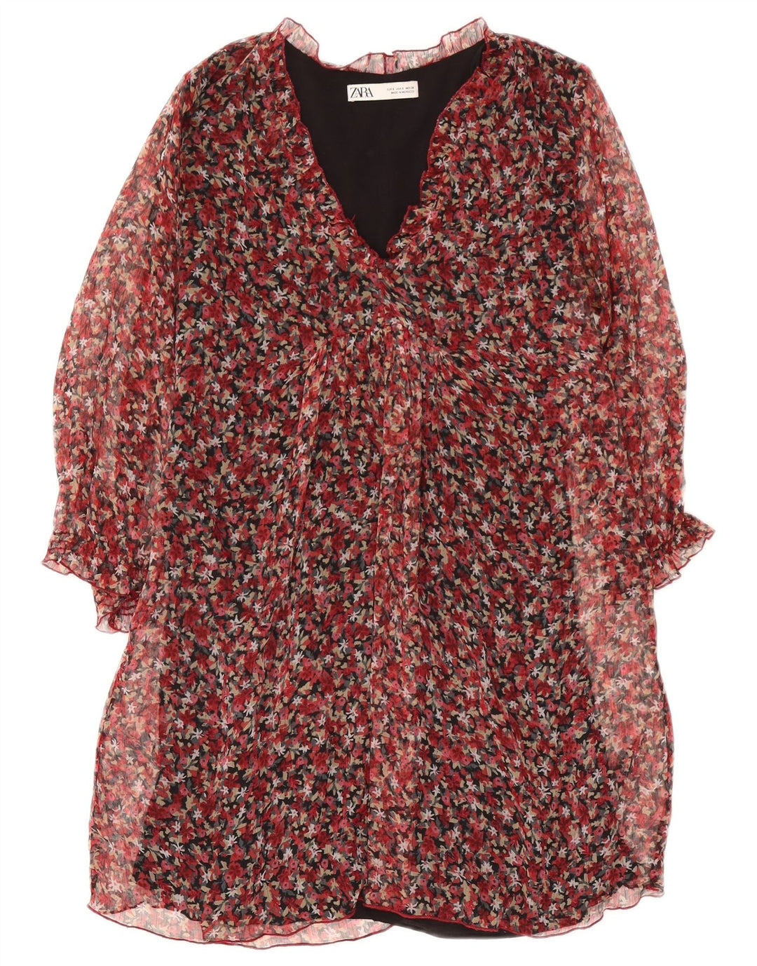 Zara Dame Langærmet Skift Kjole UK 10 Small Red Floral Polyester