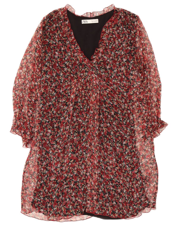 Zara Dame Langærmet Skift Kjole UK 10 Small Red Floral Polyester