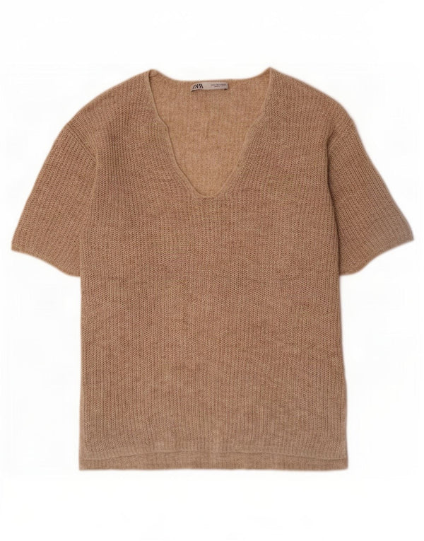 Zara Dame Oversized V-hals sweater UK 10 Small Beige Flecked