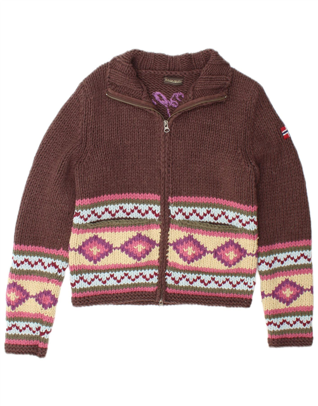 NAPAPIJRI Grafisk cardigan sweater til kvinder UK 12 Medium Brun Geometrisk