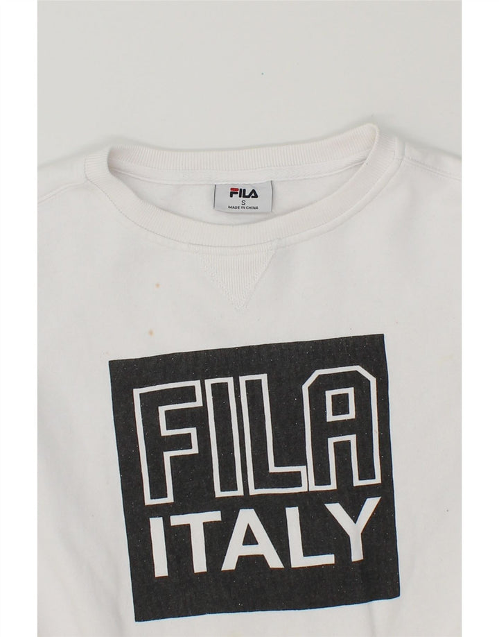 FILA Womens Graphic Sweatshirt Jumper UK 10 Small White Cotton Vintage Fila and Second-Hand Fila from Messina Hembry 