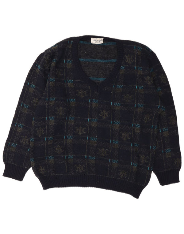 Vintage Herre V-hals sweater IT 50 Medium Marineblå Geometrisk akryl