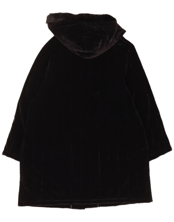 Club Voltaire Dame Hooded Velvet Polstret Frakke UK 18 XL Sort Bomuld