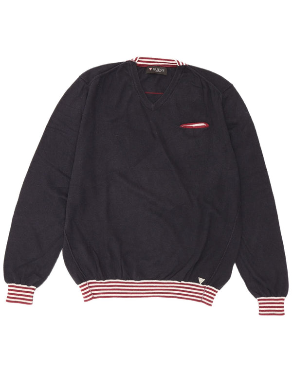 Guess Herre V-hals sweater XL marineblå bomuld