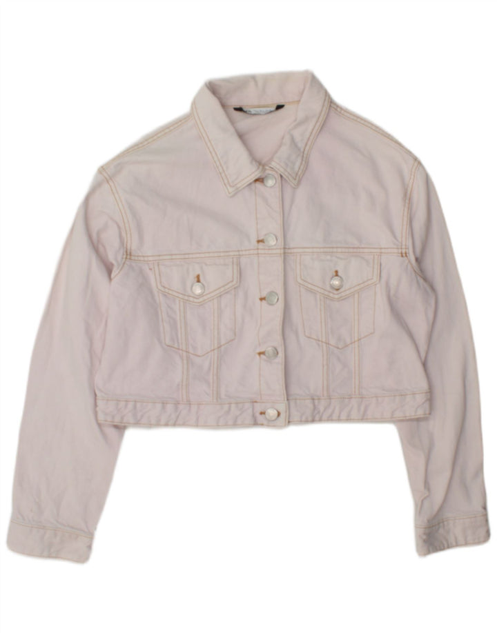 Zara Womens Crop Denim Jacket UK 16 Large Pink Bomuld