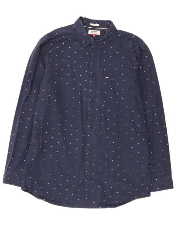 Tommy Jeans Herre Slim Fit skjorte XL marineblå plettet bomuld